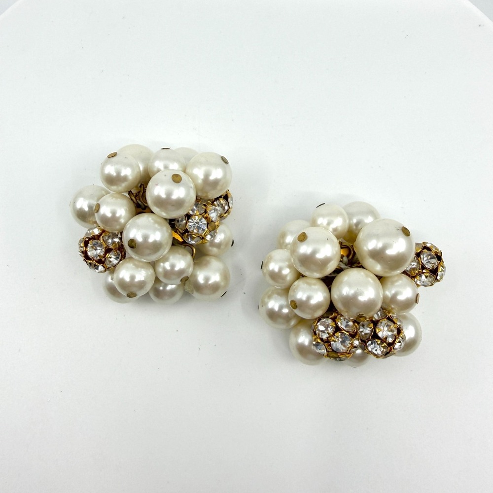 Vintage Pearl & Crystal Cluster Clip-On Earrings - Mid-Century Elegance